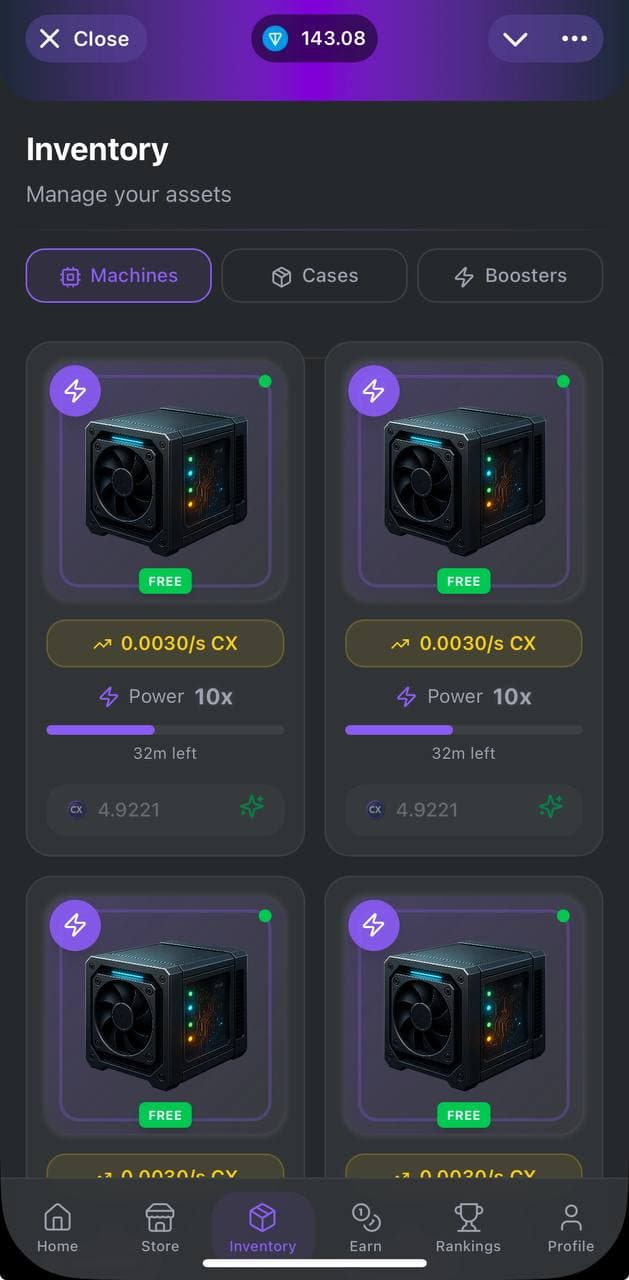 Mining screenshot showing CaseX app interface